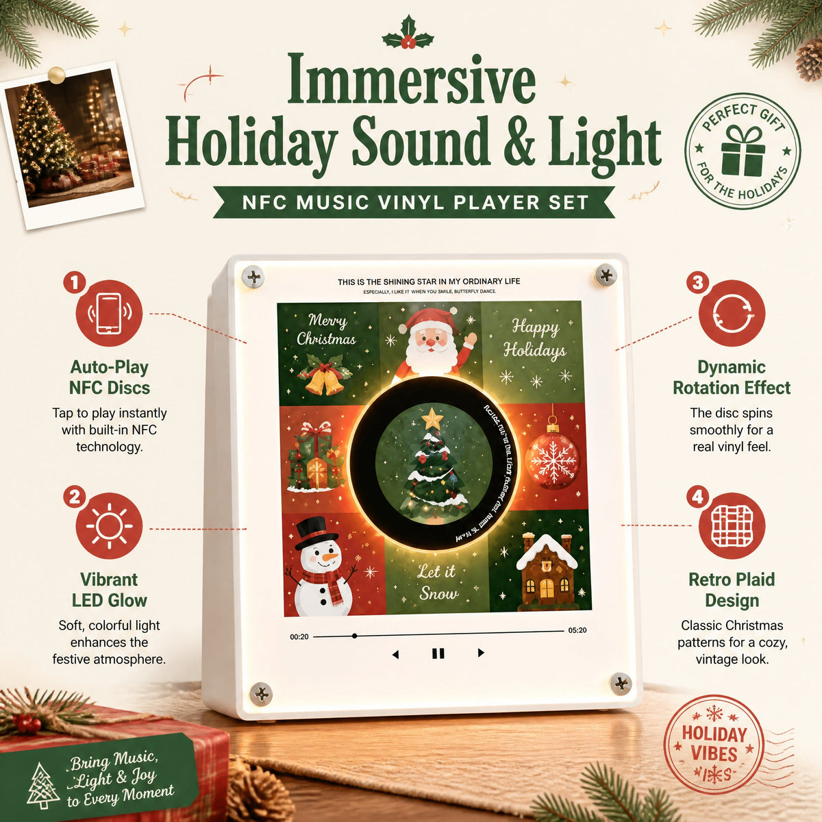 Christmas Vinyl Frame NFC music, LED glow, and rotating effect
