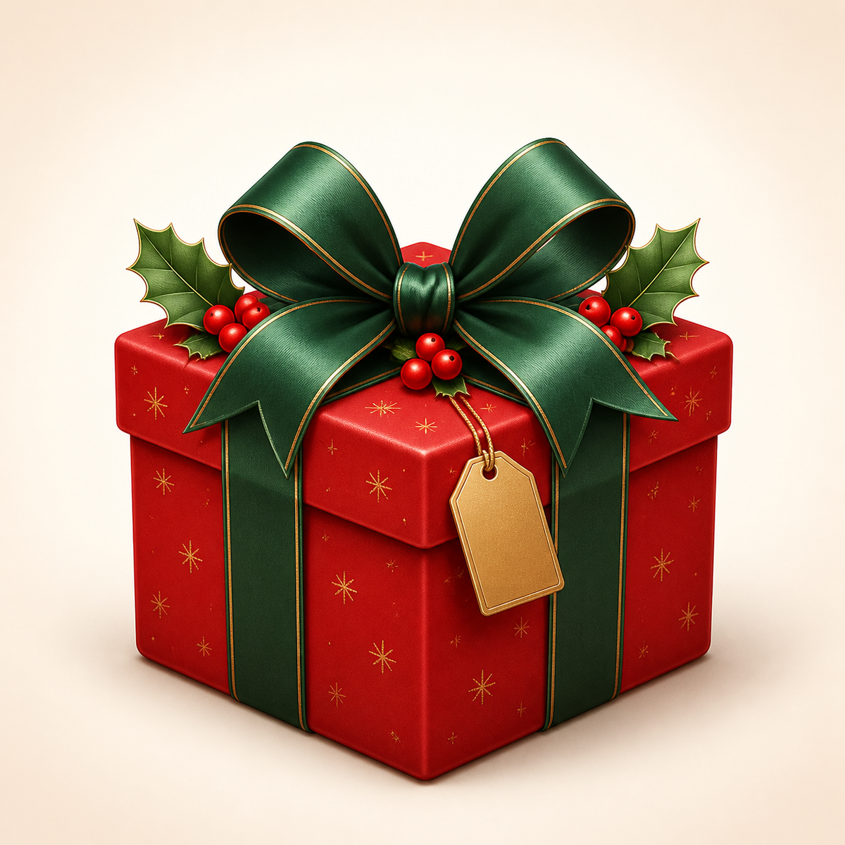 Cartoon-style complimentary Christmas gift box in red and evergreen